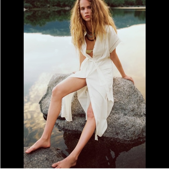 Zara White Linen Blend Lace Insert Dress Size XS - Picture 2 of 7